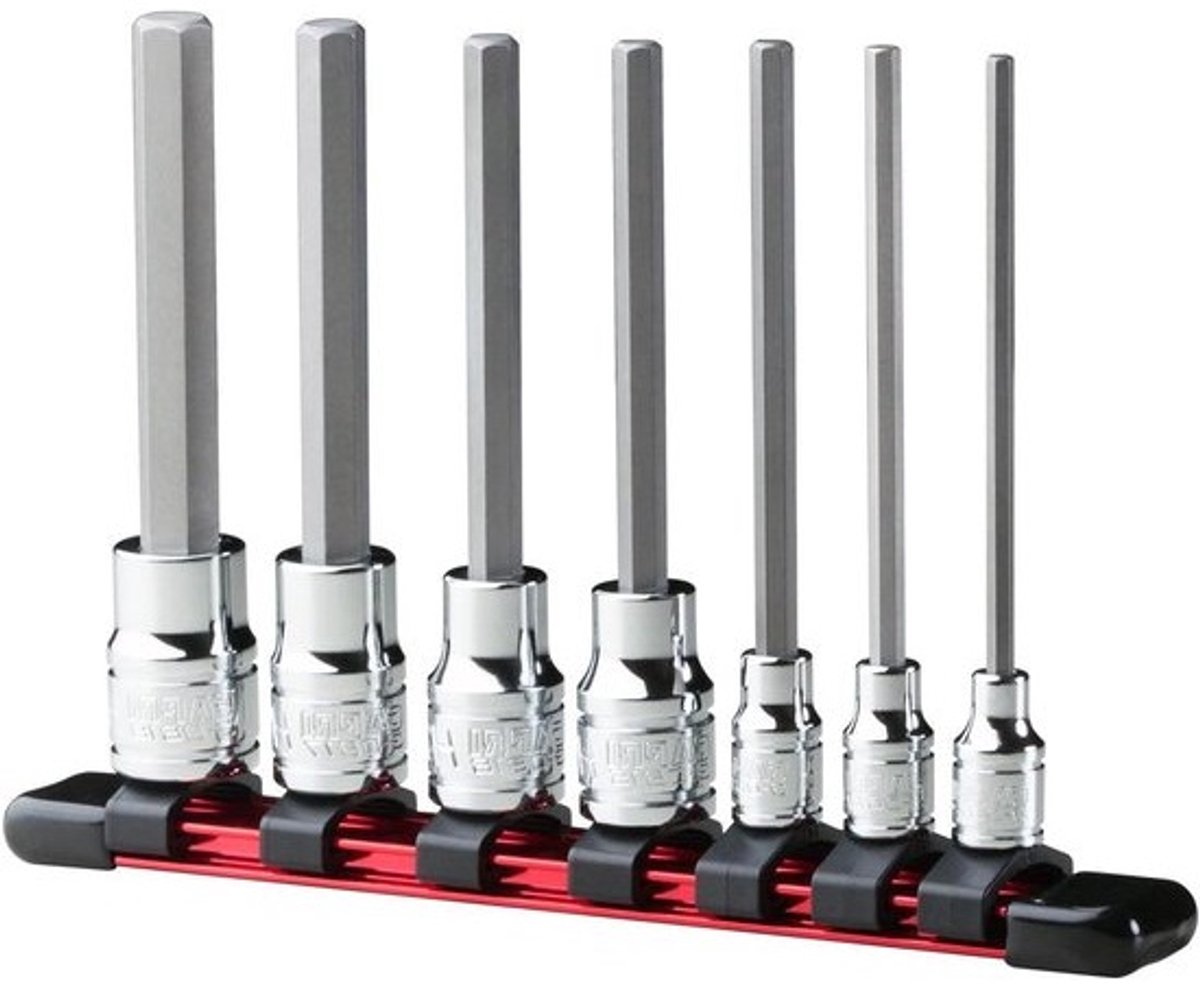 Lange Hex Bit Dopset - Dopsleutel Set Zeskant - Vastzetten Bouten - S2 Staal Bits - 7 Delig SAE - Chroom
