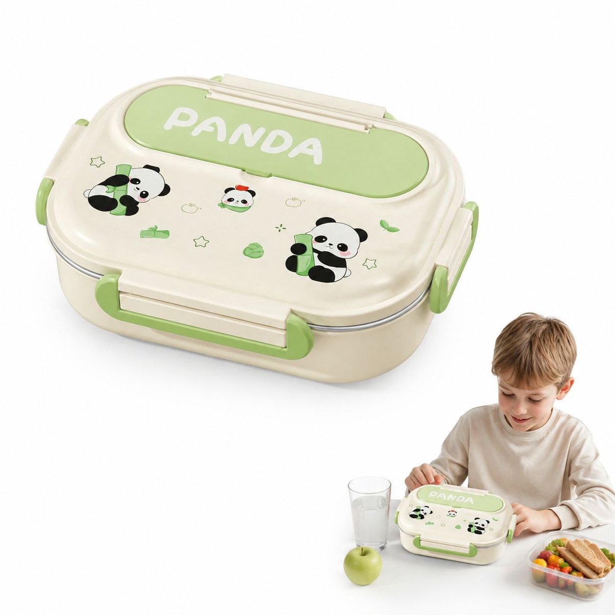 VHV - Broodtrommel - RVS Lunchbox - Warmhoudfunctie - 4 Vakken - 28x20.5x8.8 cm - Met Vakken - Voor Kinderen - Groen