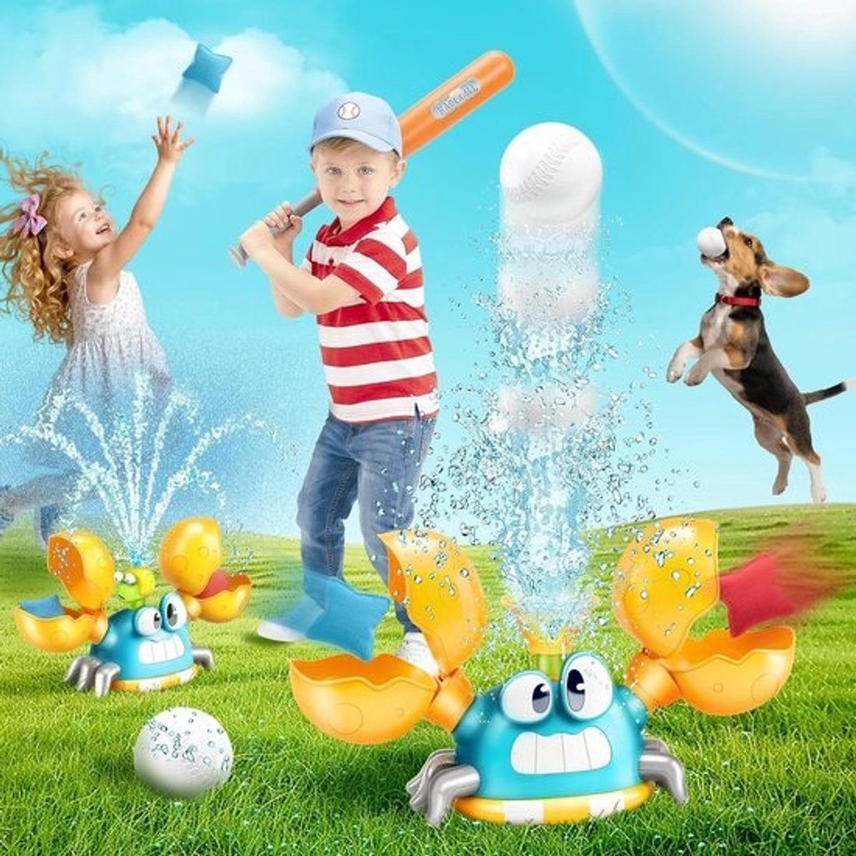 3-in-1 Watersproeier Krab - Buitenspeelgoed Watersproeier - Zomerse Spelletjes - Draaiende Sproeikoppen - 15 x 10 x 20 cm - Blauw