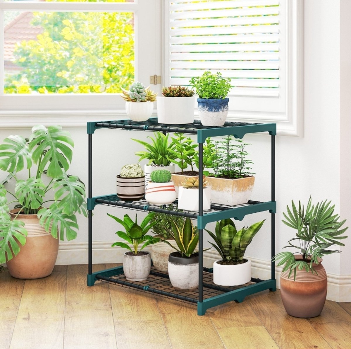 MODFU-Plantenrek-Drie Laags-Voor Binnen En Buiten-Staal-Donkergroen-72 Cm