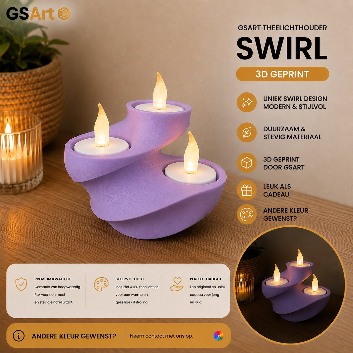 GSArt Theelichthouder Swirl – 3D Geprint – Inclusief 3 LED Theelichtjes - Mat Lila