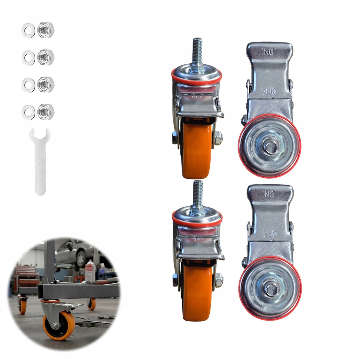 4x Zwenkwielen met Rem - 126mm, 110kg per wiel, Rubber-Metaal