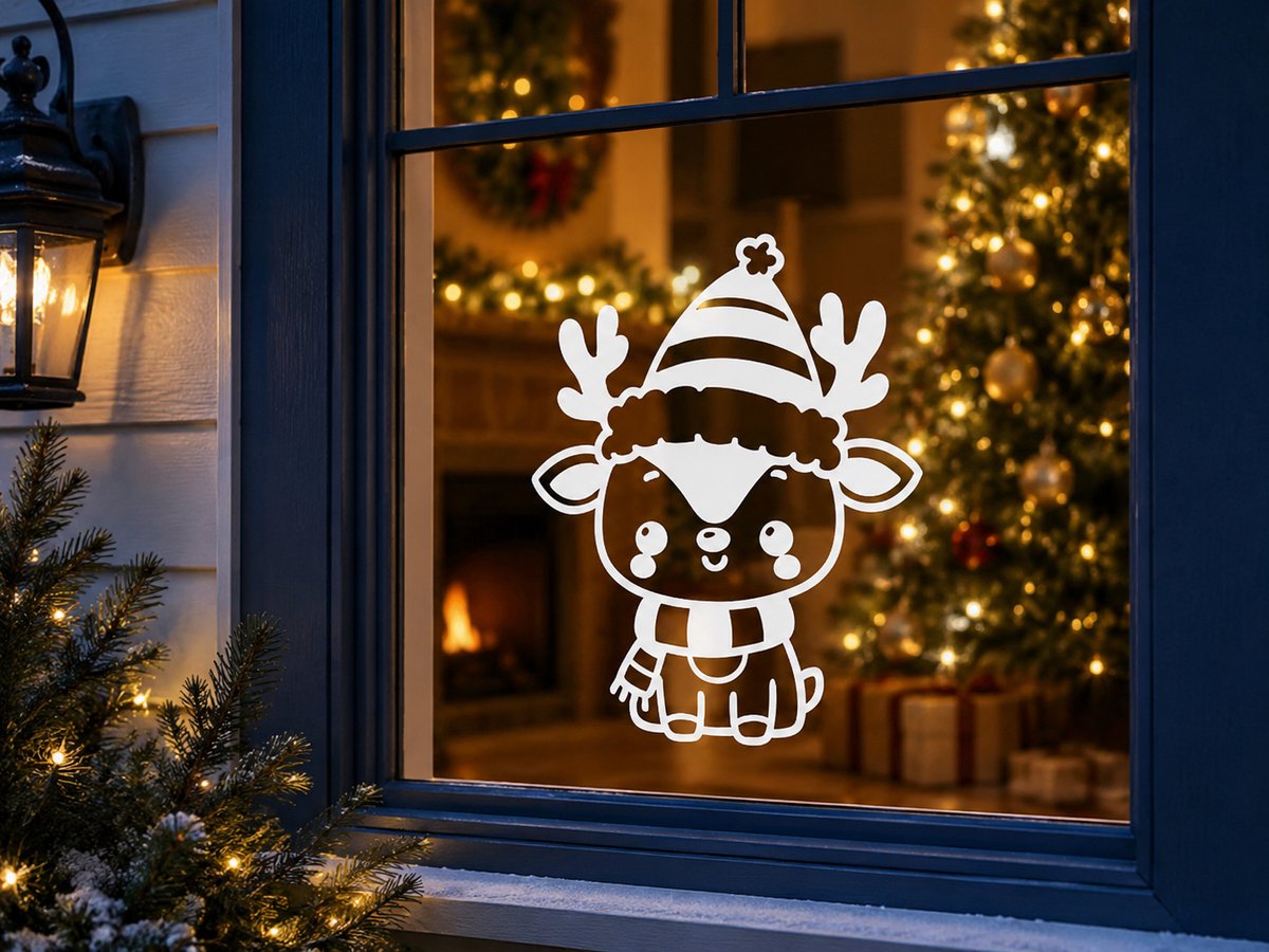 Kerst Rendier Sticker – 20,4 x 25 cm – Wit