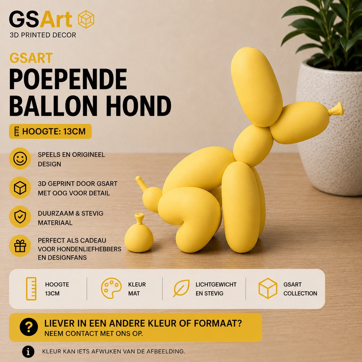 GSArt Decoratief Beeld Poepende Ballon Hond – Grappige Woondecoratie - 13cm Mat Geel