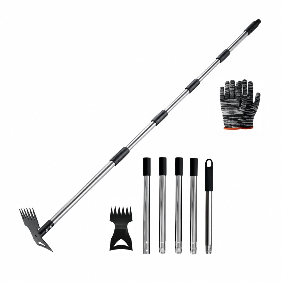 Livista 2-in-1 Onkruidverwijderaar – Met Lange Steel – Schoffel en Handcultivator – Staande Onkruidtrekker – Verstelbaar tot 183 cm – RVS Steel – Voor Onkruid Verwijderen en Grond Losmaken – Inclusief Tuinhandschoenen