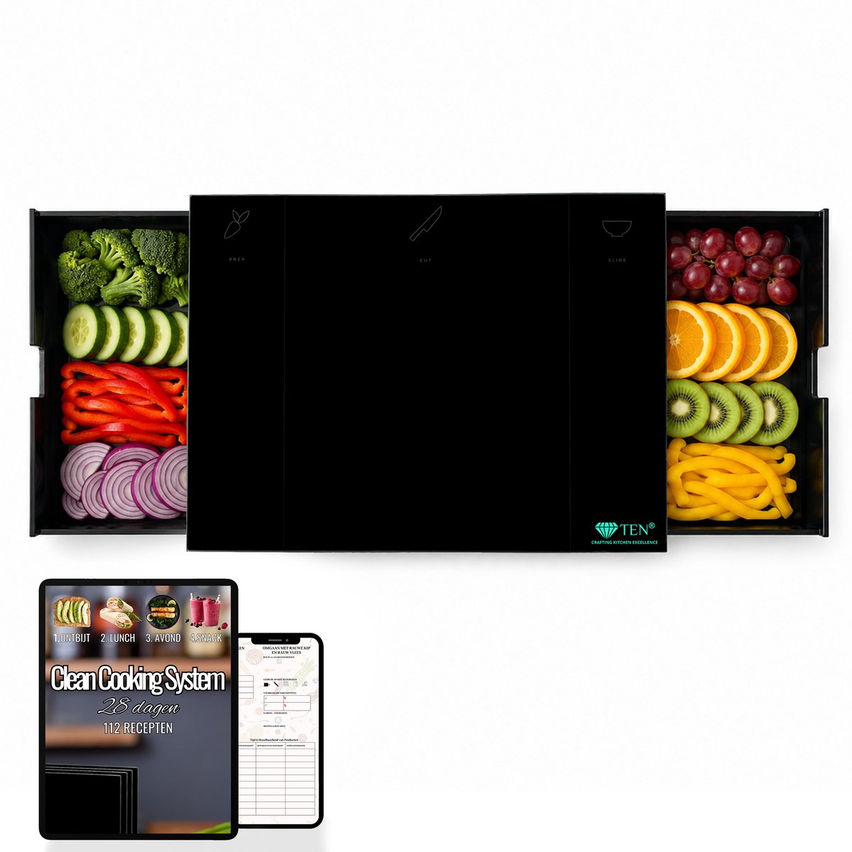TEN® - Glazen Snijplank 30x40cm met Laden - MICROPLASTIC Vrij - Snijplank Glas met Opvangbak - Zwart