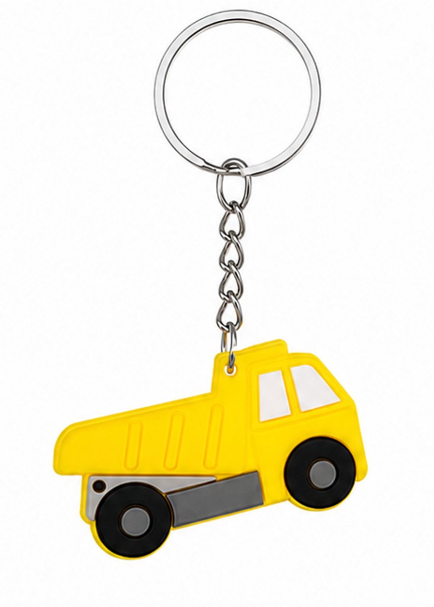Kiepauto Sleutelhanger Geel - Stoere Rubberen Vrachtwagen - Bouwvoertuig Sleutelbos Decoratie - Ideaal als Uitdeelcadeautje of Kindertraktatie Bouw Thema