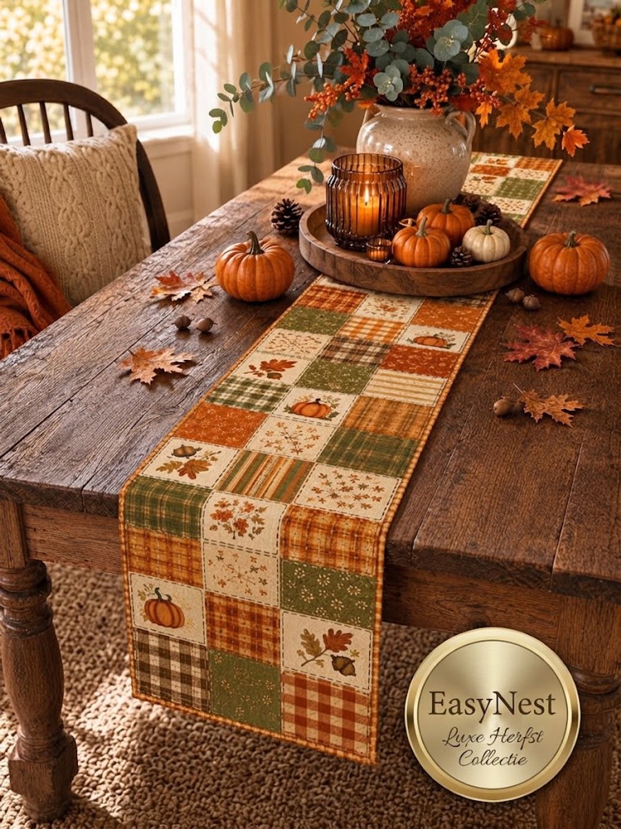 Herfst Tafelloper 183 cm – Thanksgiving Tafeldecoratie met Pompoen & Esdoornbladeren – Patchwork Tafelrunner met Ruitpatroon – Rustieke Tafeldecoratie voor Eettafel & Keuken