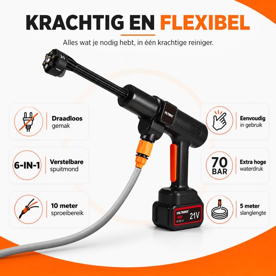 VOLTORNIX™ Elektrische Hogedrukreiniger op Accu 70 Bar - Draadloze Hogedrukspuit - Inclusief 1x Accu 21V / 3000 mAh - 90 Min Gebruik - Zelfaanzuigend –Terrasreiniger - Incl. 6-in-1 Verstelbaar Mondstuk, Aanzuigslang & Koffer. — afbeelding 5