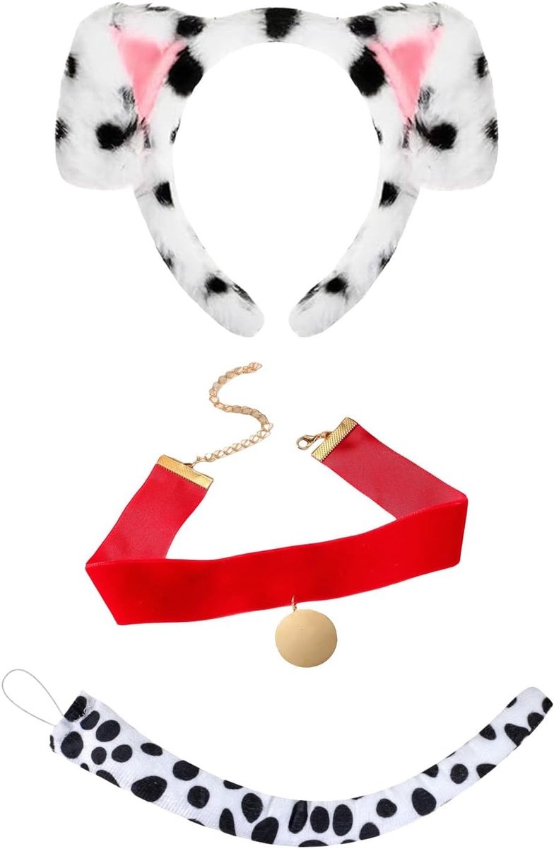 3-delig Dalmatiër Kostuum Accessoires Set met Hondenoren Hoofdband, Fluwelen Choker en Staart voor Wereldboekendag, Halloween en Feestjes, Dieren Cosplay