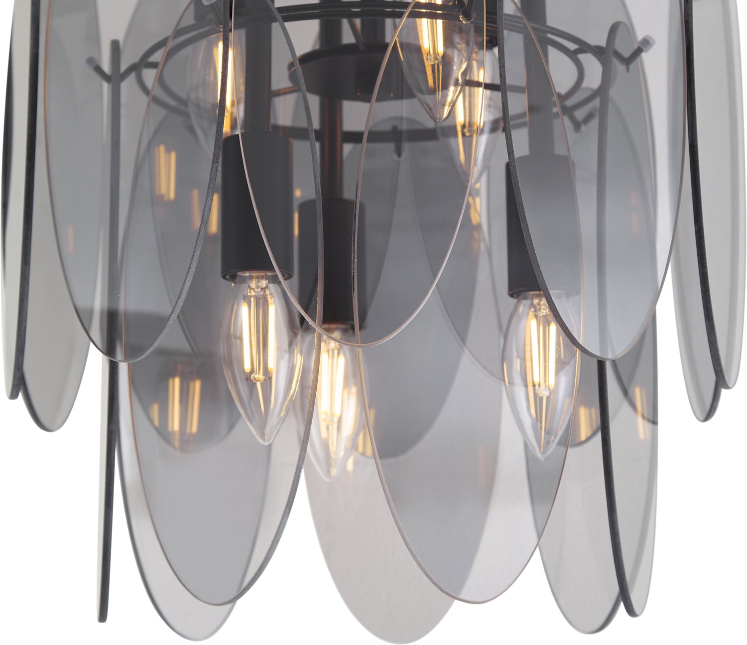 Qazqa art deco plafondlamp - Mochan - zwart met rookglas, rond, 6-lichts, 35cm, ideaal als hal en woonkamer lamp