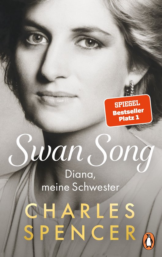 Zwart-witportret van Prinses Diana op de boekomslag 'Swan Song' door Charles Spencer, met 'Spiegel Bestseller' label.