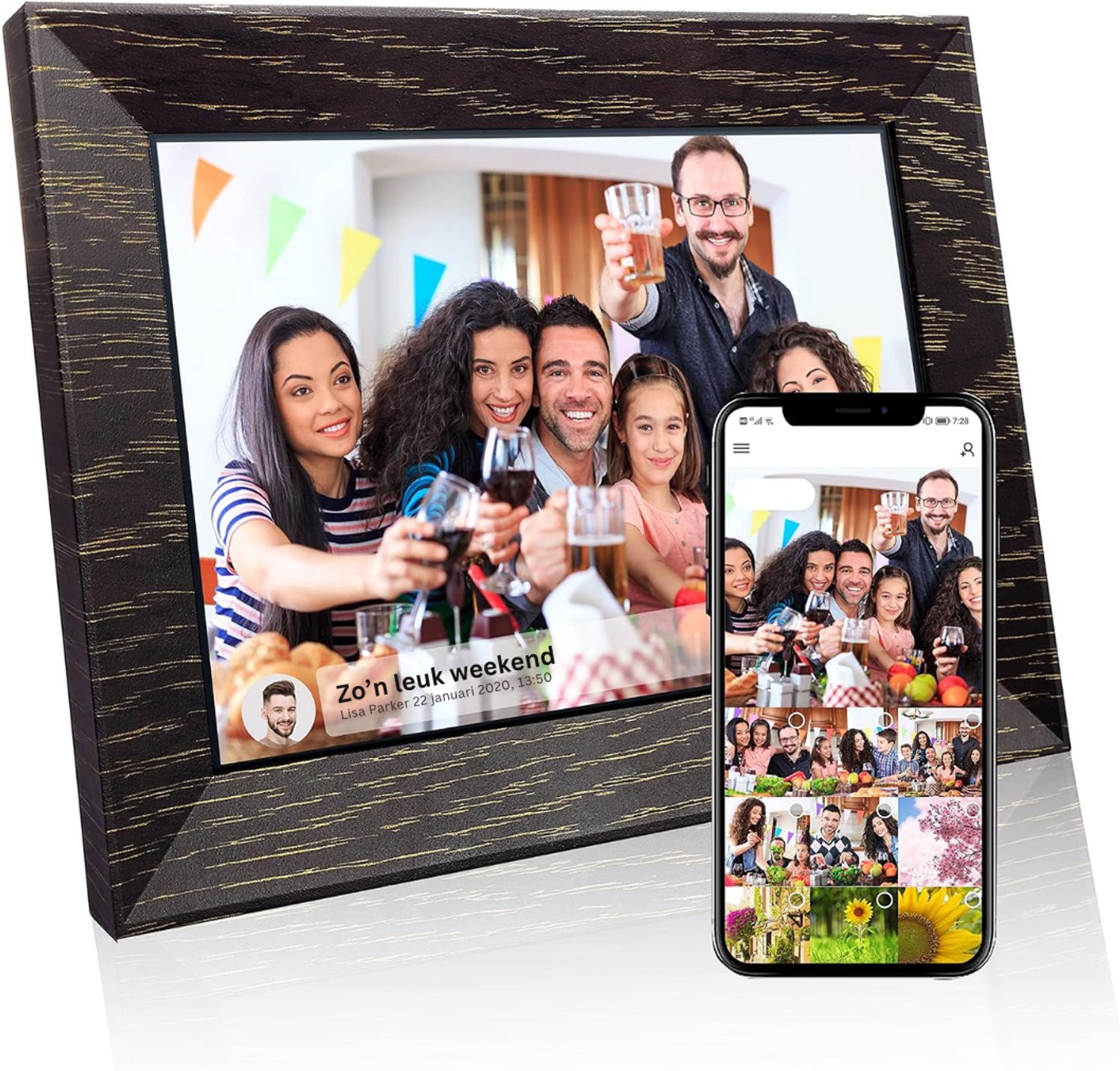 SNJY® Digitale Fotolijst - Digitaal Fotolijstje - Digitaal Fotokader - Touchscreen - 7 Inch/17,8 cm - Walnootbruin