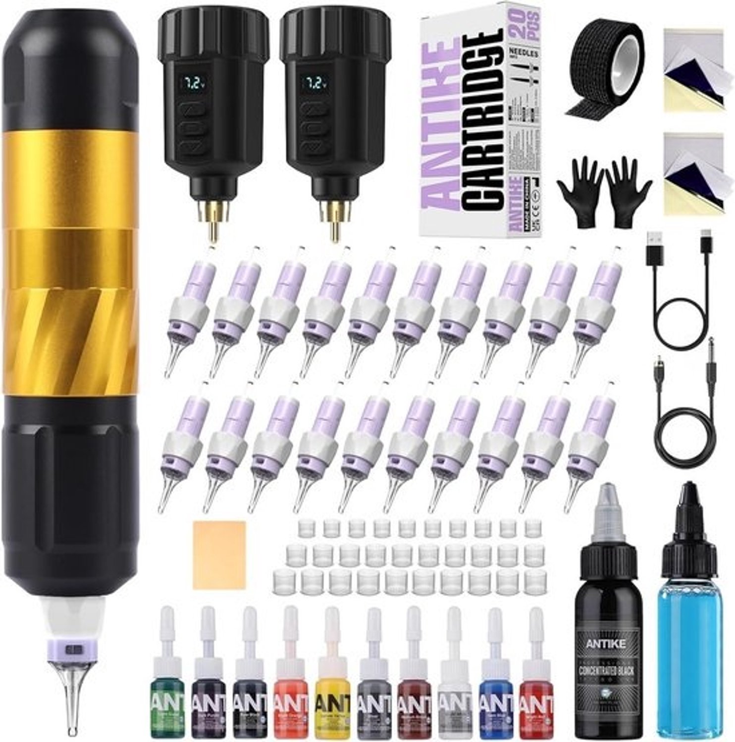 Draadloze tatoeëermachineset - Professionele machine - Zelf tatoeëren - Dubbele motor - 2x 1500mAh batterijen - Zwart