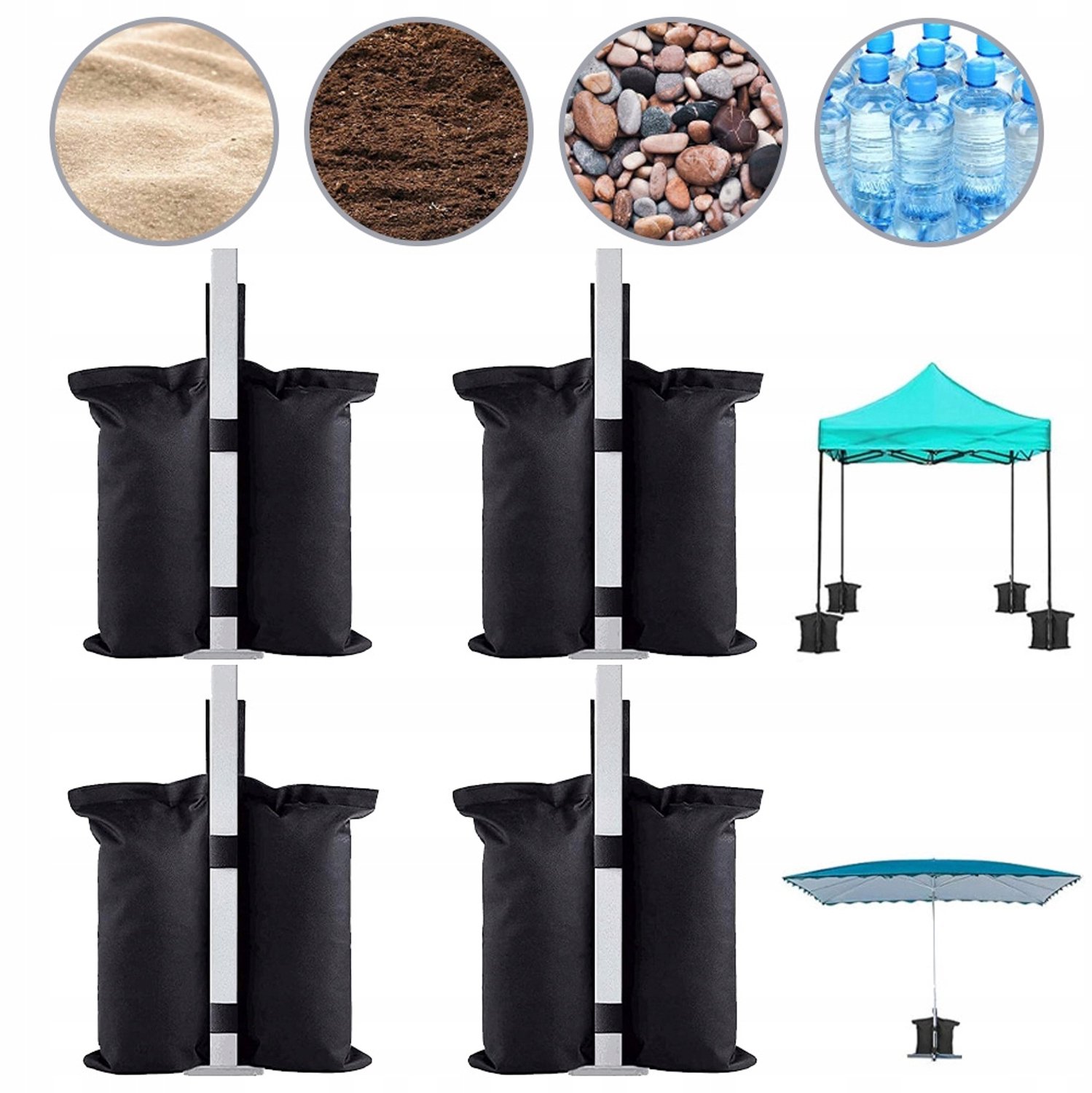 4 Stuks Verzwaringszakken voor Canopy Gazebo Tuinmeubelen - Scheurbestendig 420D Oxford met Klittenband - Eenvoudig te Vullen met Zand of Waterflessen - 48x35cm - Zwart