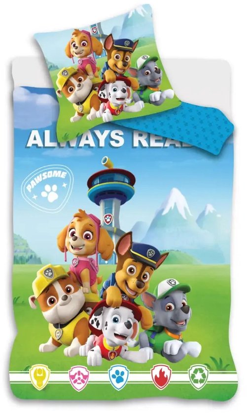 Paw Patrol peuterdekbedovertrek met de puppy's en de tekst ALWAYS READY op een blauwe achtergrond met toren.