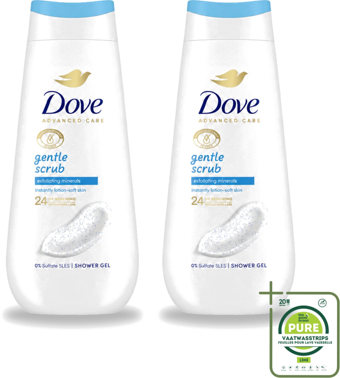 2 x Dove – Douchegel – Advanced Care Gentle Scrub – 225 ml - Grootverpakking - Vaatwasstrips - Douchegel - Exfoliatie - Huidverzorging - Zachte Douchegel - Schuim