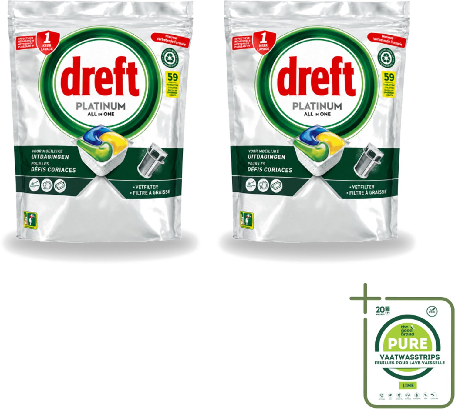 2 x Dreft – Vaatwastabletten – All-in-One Platinum – Lemon – 59 Tabletten - Grootverpakking - Vaatwastabletten - Vaatwasser - Vetverwijderen - Glasbescherming - Citroengeur