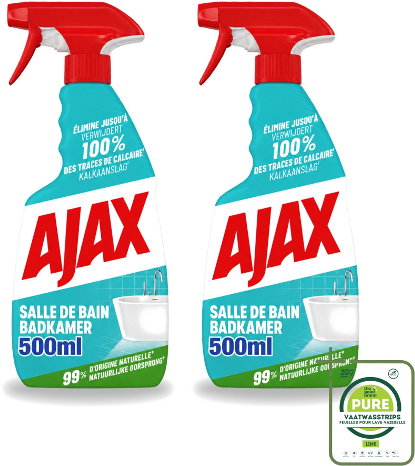 2 x Ajax – Badkamer Spray – 500 ml - Grootverpakking - Vaatwasstrips - Badkamer Reinigen - Kalk Verwijderen - Zeepresten Verwijderen - Badkamer Schoonmaken - Anti-kalk Spray