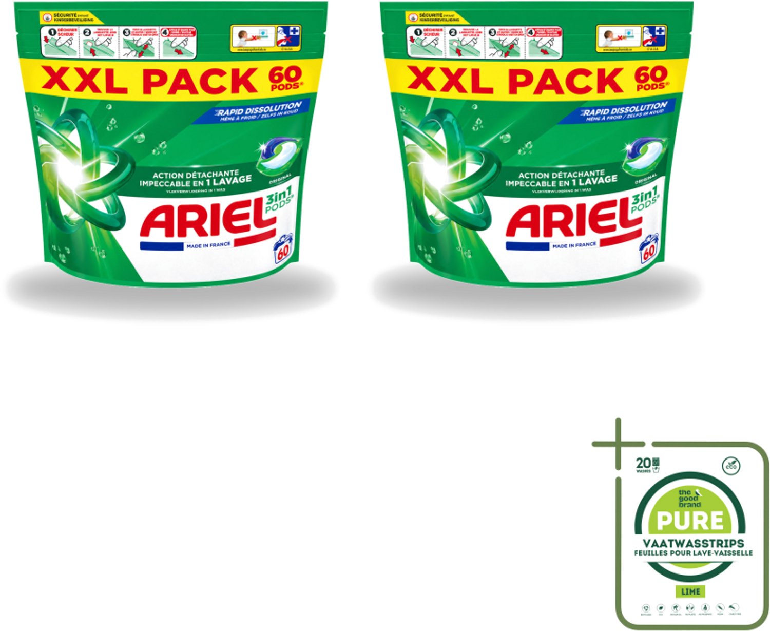 2 x Ariel – Pods 3in1 – Original – 60 wasbeurten - Grootverpakking - Vaatwasstrips - Ariel 3in1 Pods - Wasmiddel Capsules - Krachtige Vlekverwijdering - Koud Wassen - Wasmiddel Voor Kleding