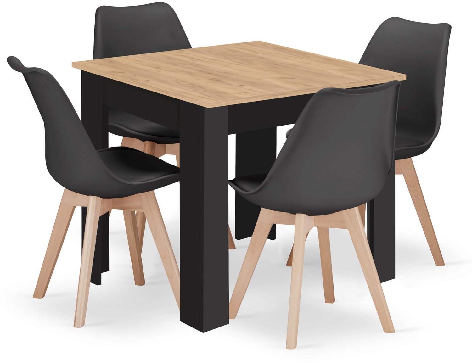 LEOBERT Eettafelset NP 80x80 Eiken Artisan Kleur met Zwarte Poten + 4 Stoelen MARK Zwart met Beukenhouten Poten, Modern Design, Geschikt voor Keuken, Eetkamer en Woonkamer eikenkleur / wit
