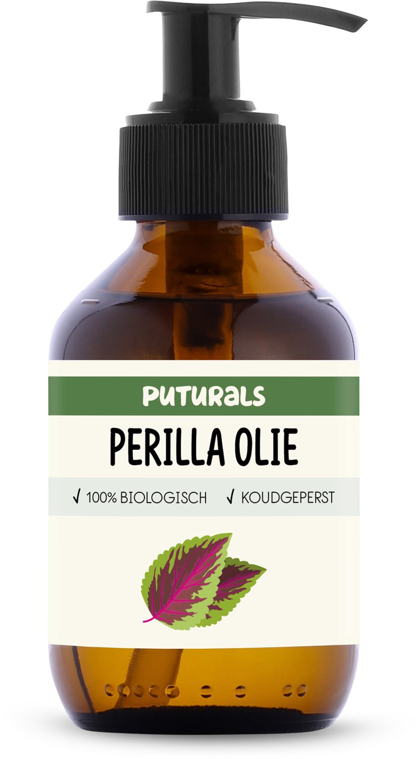 Puturals Perilla Olie 100% Biologisch - 150 ml - Puur en Koudgeperst - Perilla Olie voor Huid, Haar en Lichaam - Rijk aan Omega 3, Omega 6 en Omega 9 - Perilla Oil voor Huidolie - Bruine Glazen Fles + Pomp