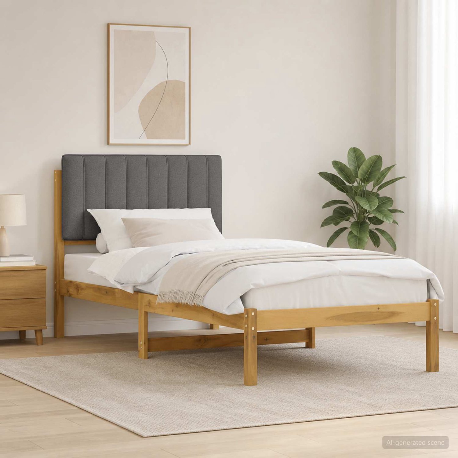 vidaXL Bedframe - met - gestoffeerd - hoofdbord - Whitewash - en - lichtgrijs Whitewash en lichtgrijs
