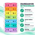 Lifell pillendoos met 14 vakken voor dag en avond, inclusief specificaties over afmetingen en materiaal.
