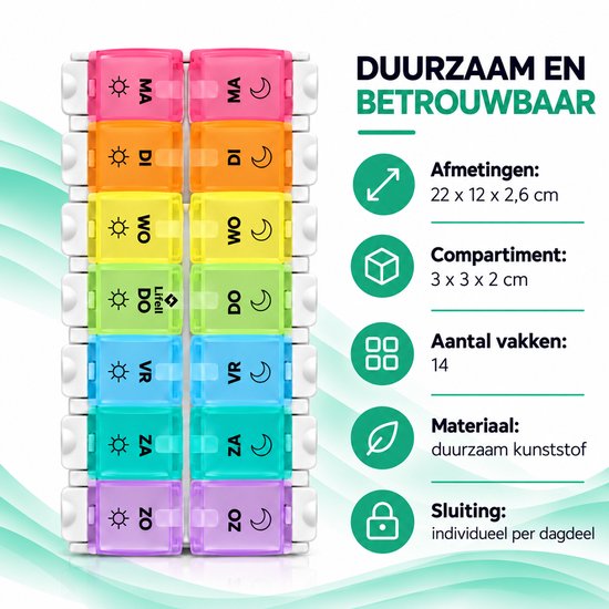 Lifell pillendoos met 14 vakken voor dag en avond, inclusief specificaties over afmetingen en materiaal.