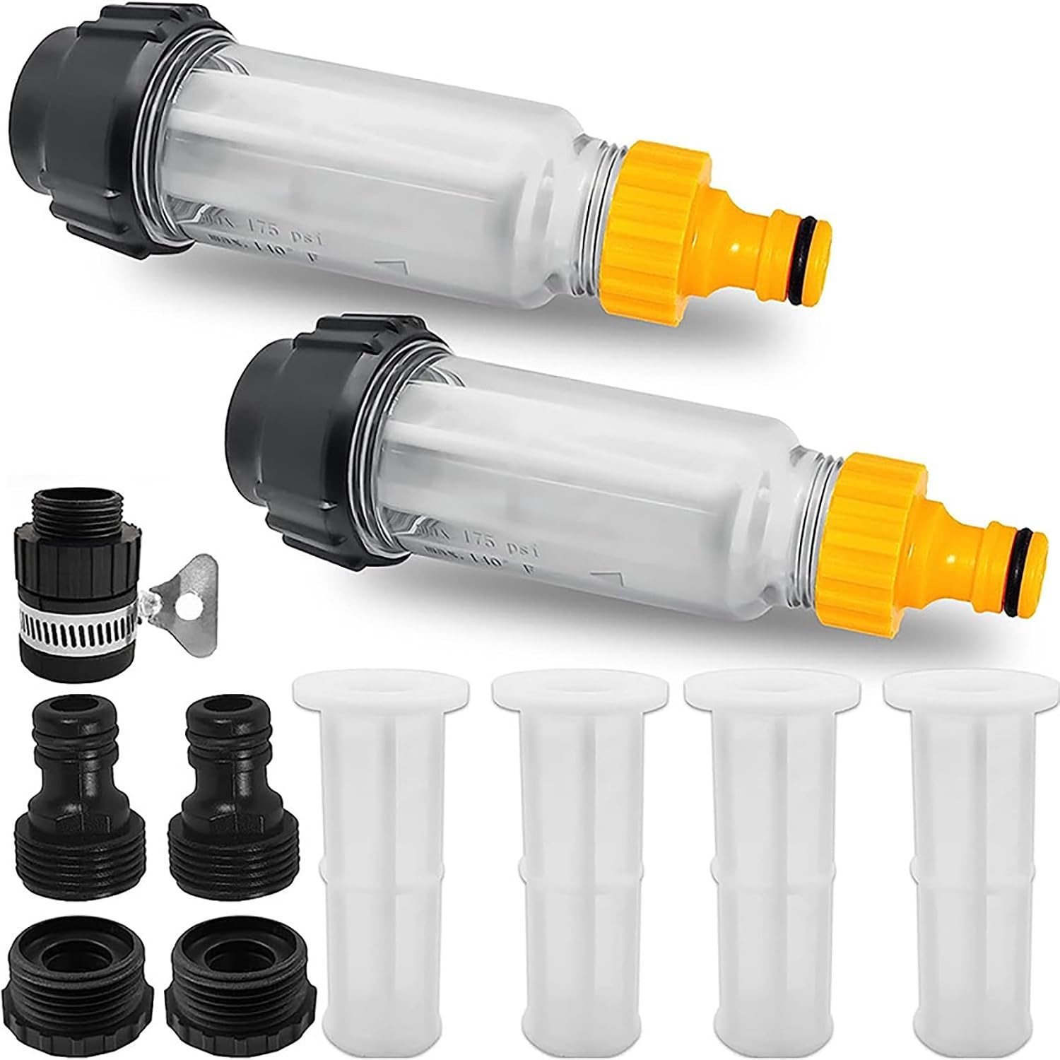 Waterfilter voor Tuinslang - 2 Stuks 3/4 Inch Voorfilter met 4 Filterinvoegen en 2 Snelaansluitingen voor Tuinpomp en Hogedrukreiniger, Ideaal voor Motorhomes en Tuinonderhoud