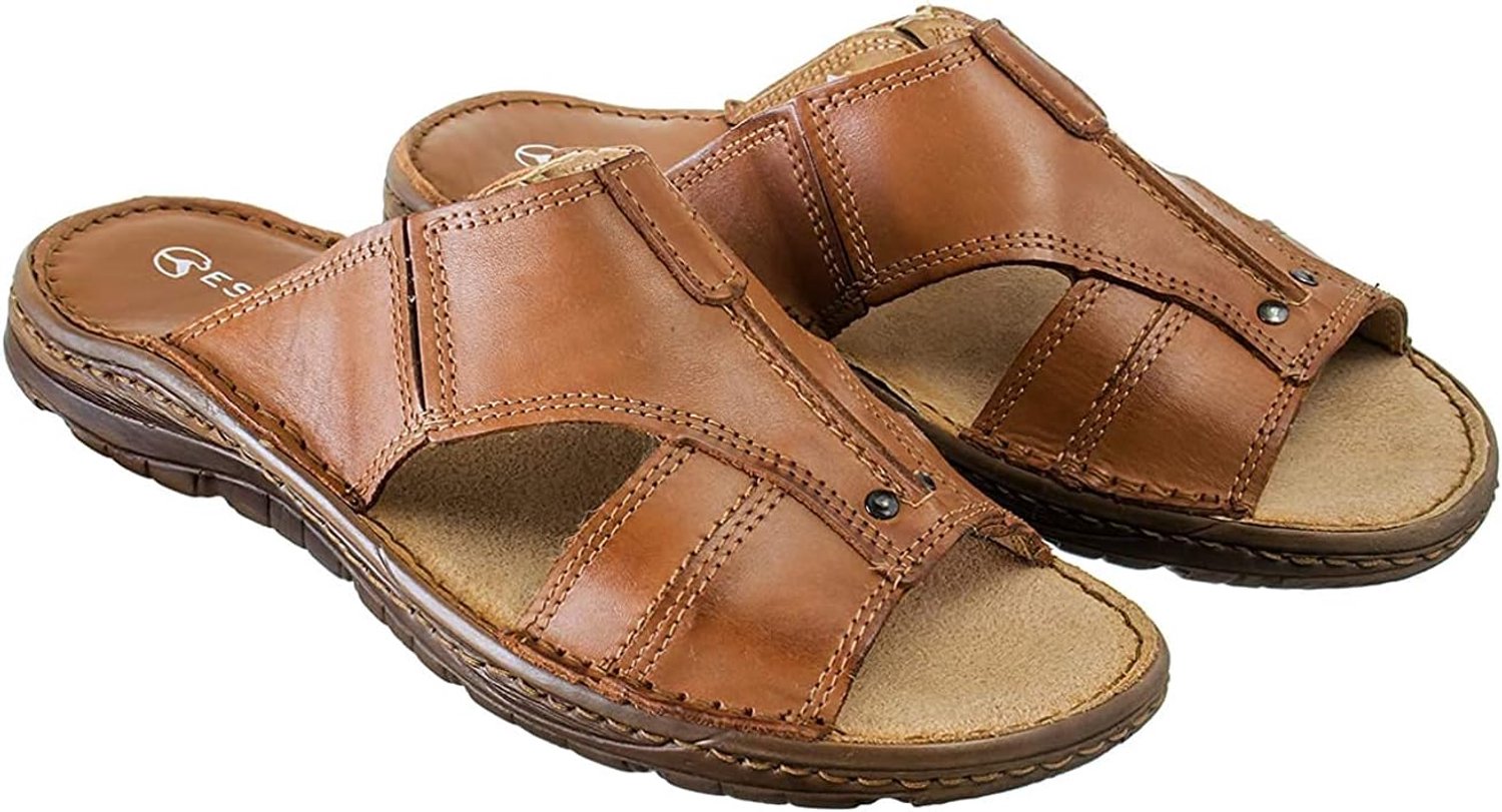 ESTRO Heren Leren Slippers Zomerse Instappers met Antislip Zool Roestbruin