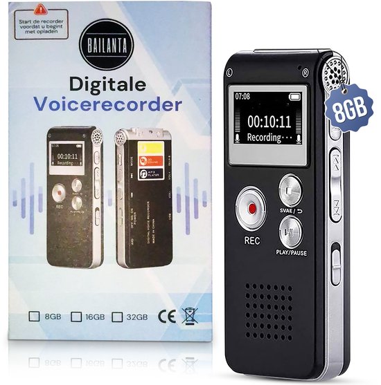 Zwarte Bailanta digitale voicerecorder met 8GB geheugen naast de verpakking.