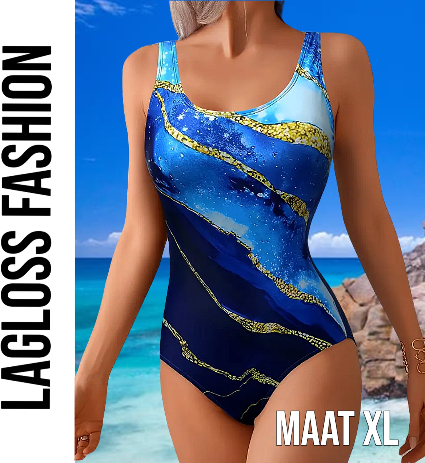 LaGloss ® Blauw Gouden Badpak – Elegant Damesbadpak met Abstracte Print & Buikcontrole –