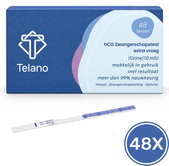 Blauwe Telano verpakking met 48 zwangerschapstesten en één teststrip ervoor.