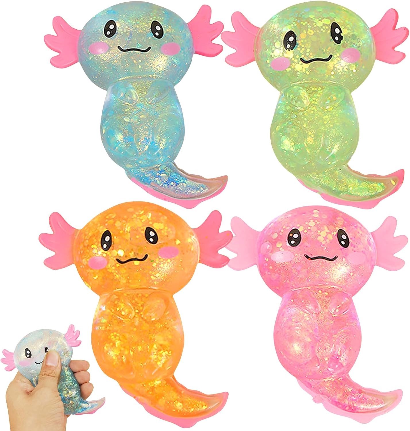 4 Pack Axolotl Speelgoed - Schattige Cartoon Glitter Squishy Toys voor Stressverlichting, Sensorisch Spel en Ontspanning voor Kinderen en Volwassenen