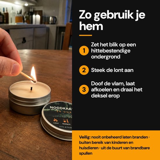 Hand steekt een noodkaars in een metalen blik aan met een lucifer. Inclusief instructies voor veilig gebruik.
