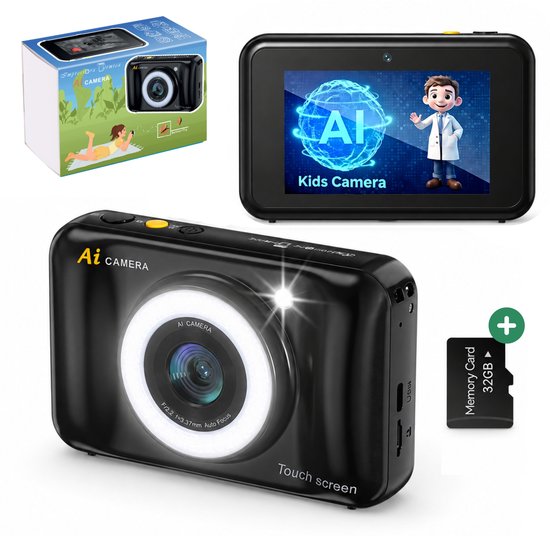 Zwarte AI-kindercamera met touchscreen, ringlicht rond de lens, bijbehorende doos en een 32GB geheugenkaart.