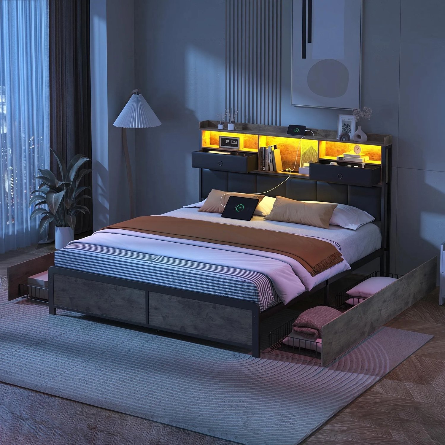 Gestoffeerd Bed 160x200 cm met LED en USB,Tweepersoonsbed met 4 laden en Lattenbodem,Opbergbed bedframe met Opbergruimte en Hoofdbord,zwart PU, zonder matras