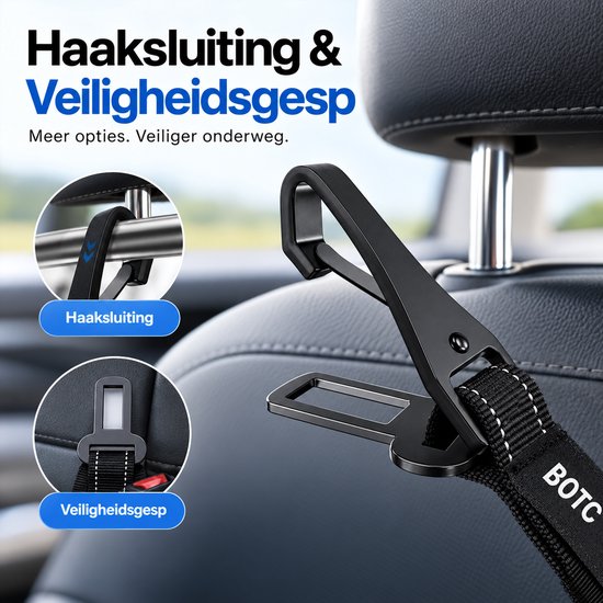 Zwarte autogordel voor honden met haaksluiting en veiligheidsgesp voor autostoel.