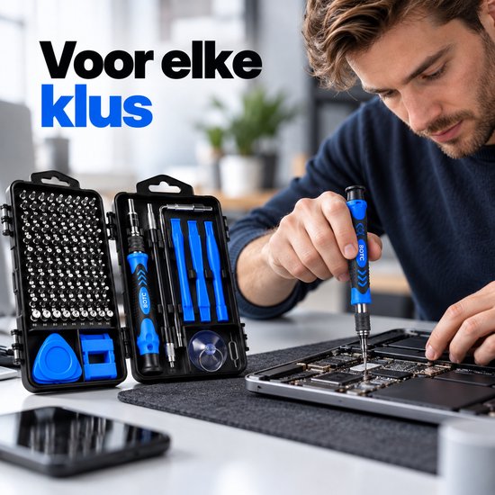 Persoon die met de complete blauwe BOTC-gereedschapset een elektronisch apparaat repareert.