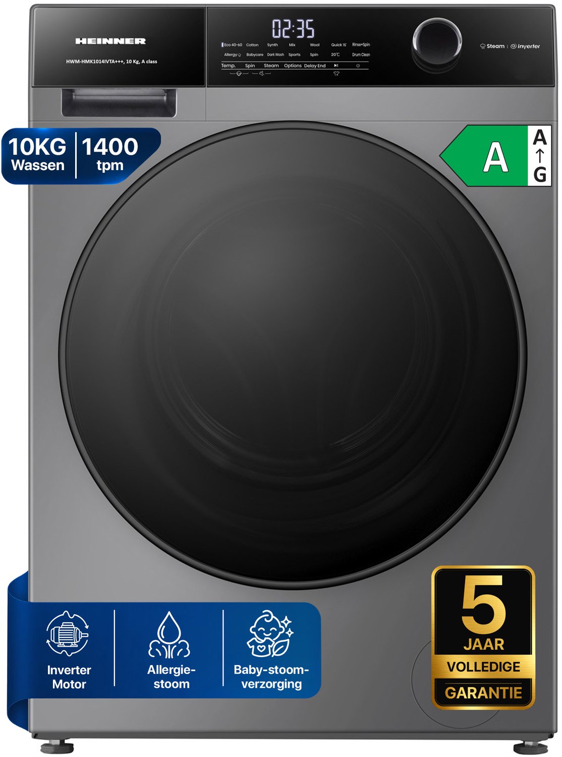 Heinner HWM-HMK1014IVTA+++ Wasmachine 10 kg – 1400 tpm – Inverter motor – Touchbediening – Allergievriendelijk – Energieklasse A – Titanium Grijs – 5 jaar garantie