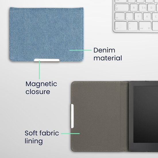 kwmobile e-reader hoesje geschikt voor Kobo Aura Edition 2 hoes - E reader flip case met magneetsluiting - Ereader cover - Denim design in blauw — afbeelding 2