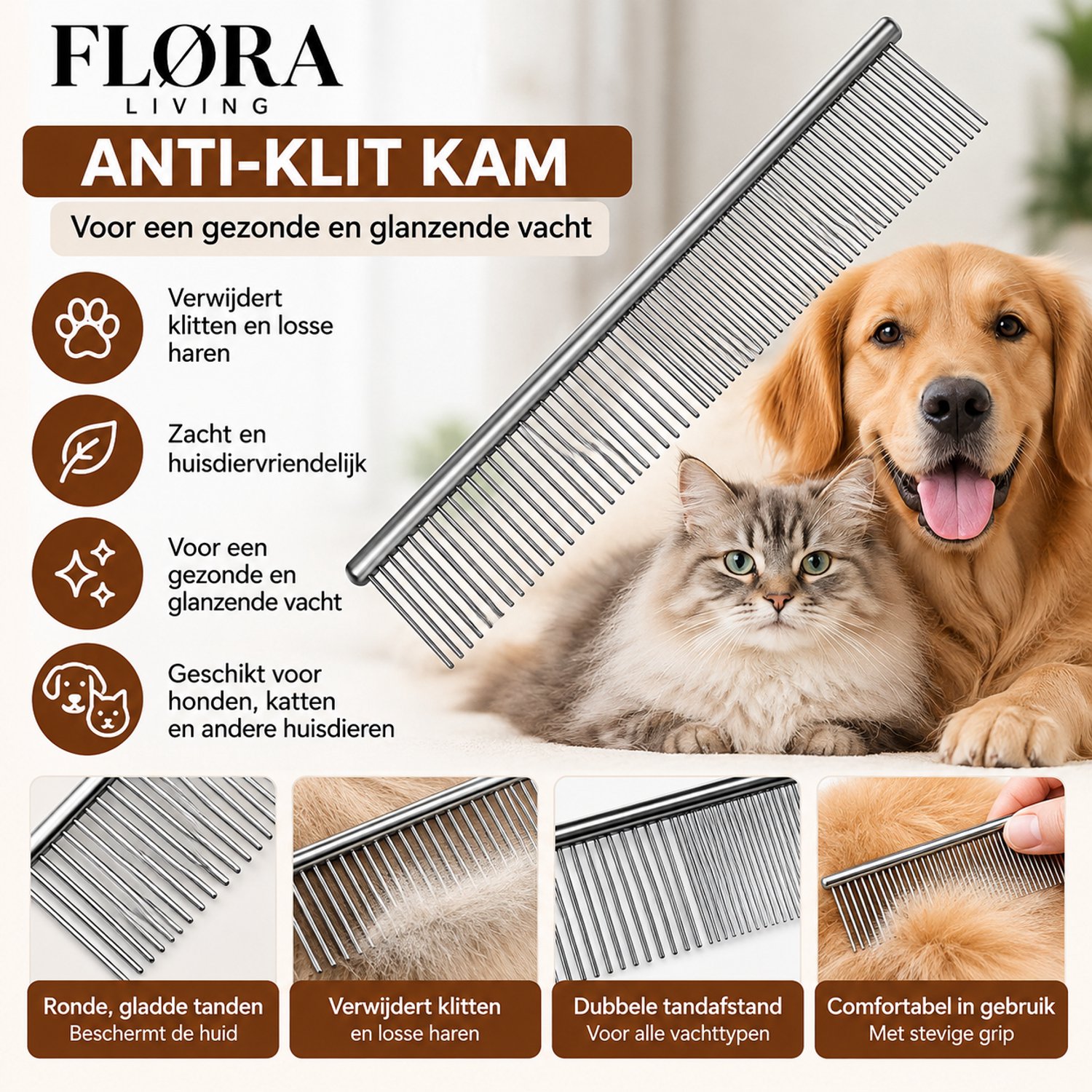 FLØRA Living Anti-Klit Kam voor Hond & Kat – 2-Zijdige RVS Vachtkam – Pijnloos Ontklitten – Geschikt voor Lang & Kort Haar – 16 cm – Zilver