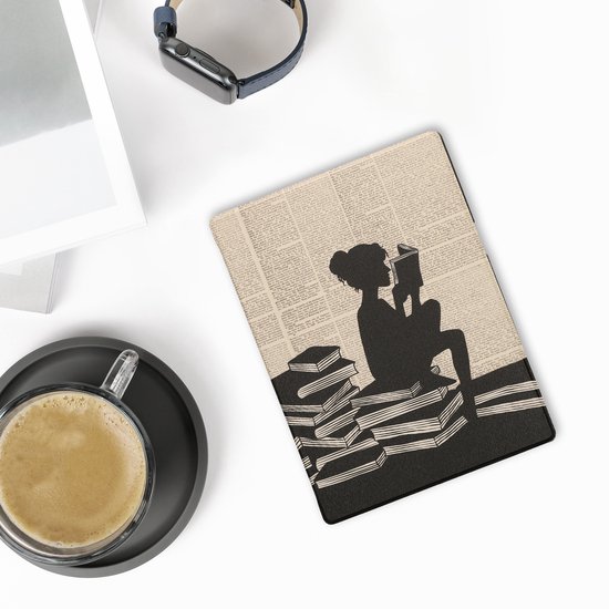kwmobile e-reader hoesje geschikt voor Pocketbook InkPad One hoes - E reader flip case met magnetische sluiting - Ereader cover - Meisje met boeken design in zwart / beige — afbeelding 4