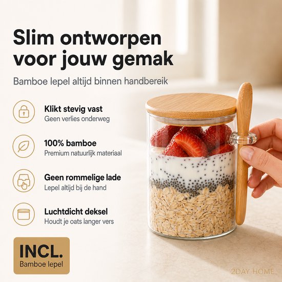 2DayHome Overnight Oats Potjes Glas - Set van 4 met Bamboe Deksel en Lepel - 500 ml - Luchtdicht - Muesli Beker - Yoghurtbeker - Lunchpot - Havermout Ontbijtpotjes - Meal Prep Glazen Voorraadpotten met Deksel - Incl. Receptenboek — cadeau in Kookcadeaus - foto 8