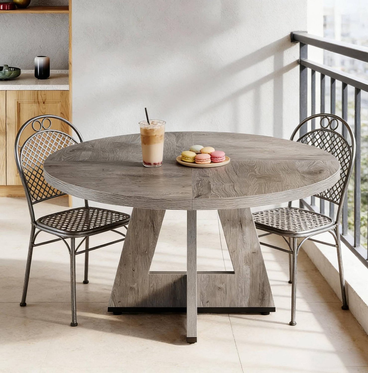 CHICFURN Eettafel 120 cm - 4 personen - Rond - Centrale poot - Eetkamer - Bewerkt hout - Grijs