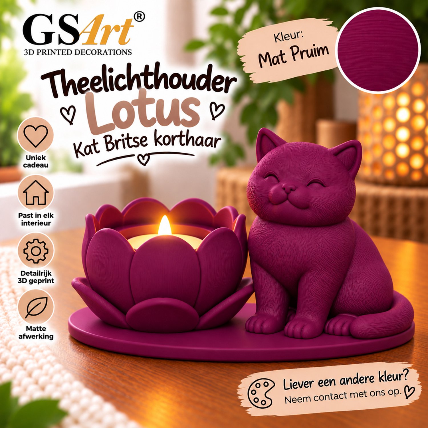 GSArt Theelichthouder Lotus Britse Korthaar Kat – LED – Mat Pruim