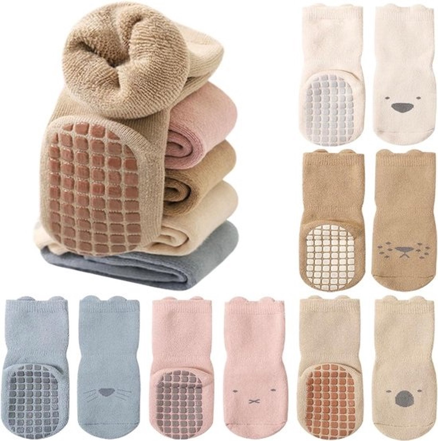 Babysokken voor de winter - Sokjes voor peuters - Warme voetjes - Antislipzolen - 5 paren - Multicolor