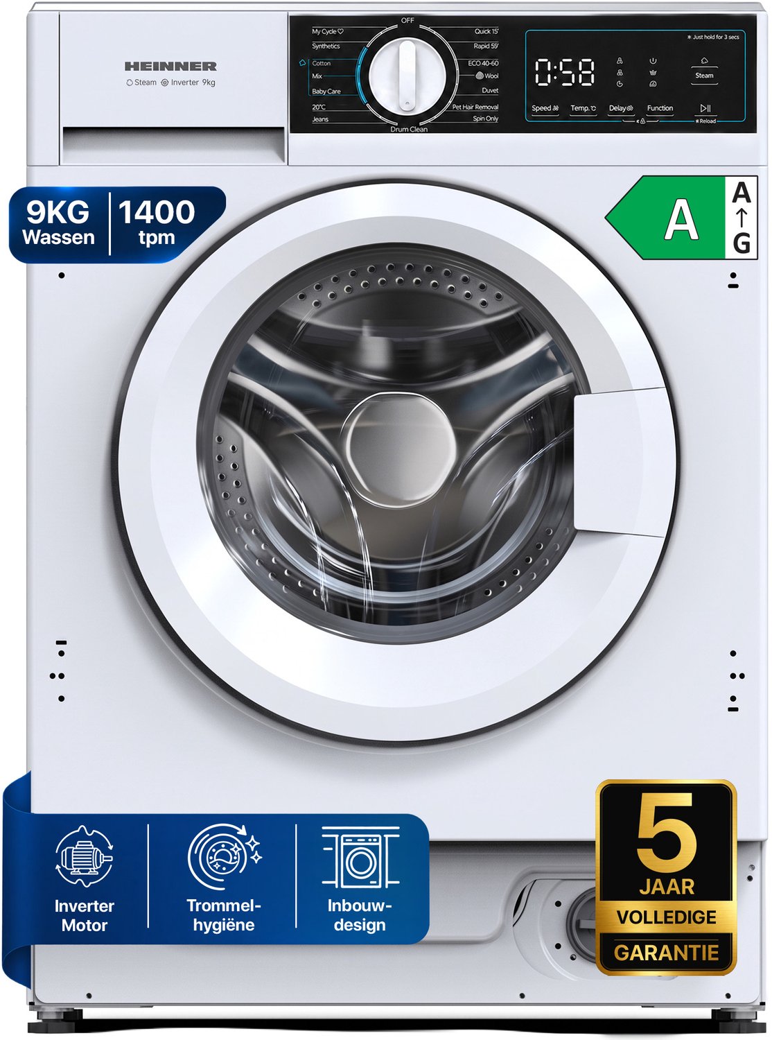 Heinner HWM-BI914IVA+++ Inbouwwasmachine 9 kg – 1400 tpm – Inverter Motor – Energieklasse A – 15 Programma’s met Stoomfunctie – Trommelreiniging – Wit – 5 Jaar Garantie