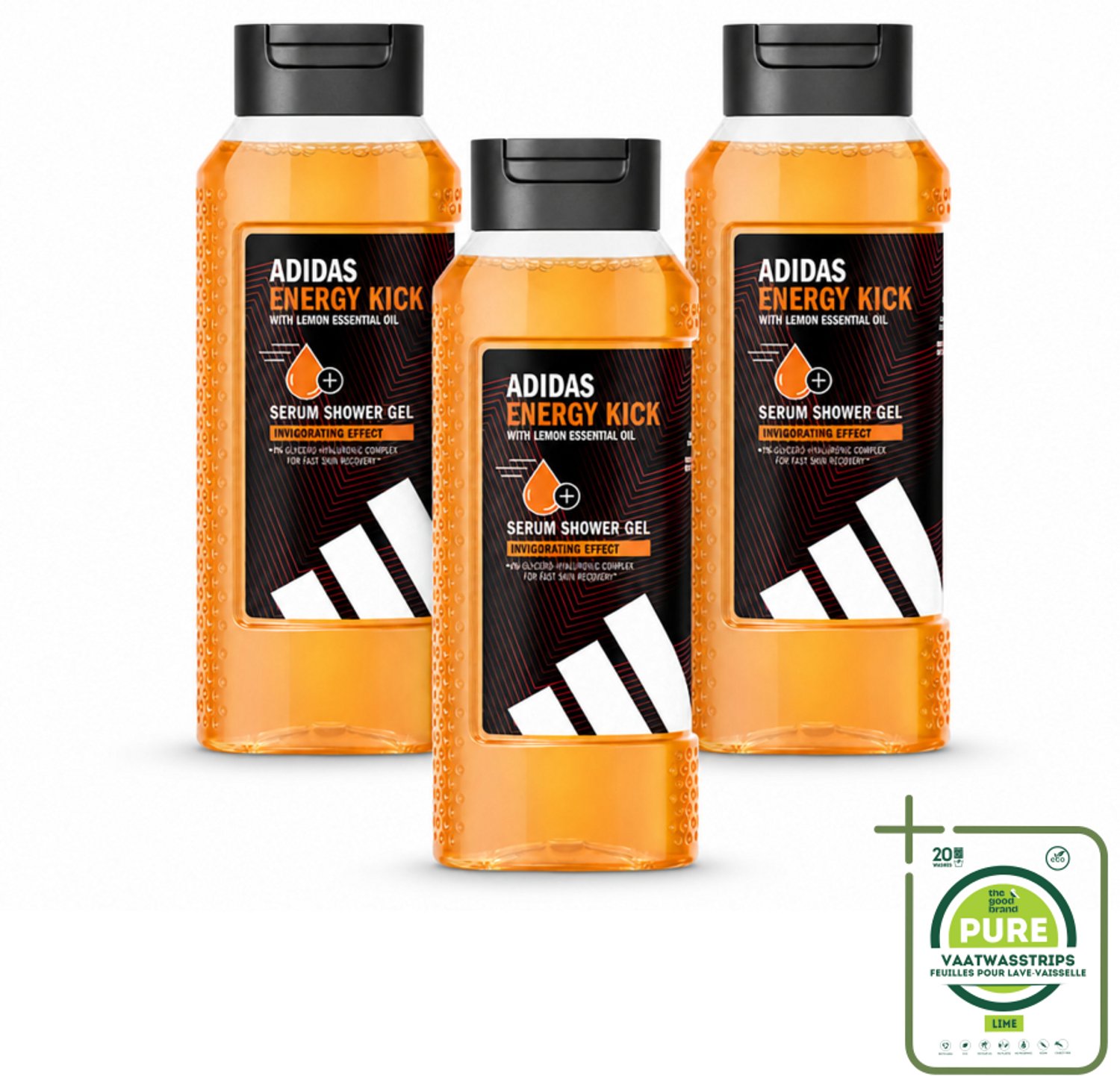 3 x Adidas – Douchegel – Active Skin & Mind Energy Kick – 250 ml - Grootverpakking - Vaatwasstrips - Douche Gel - Energie - Frisheid - Citroen - Huidverzorging